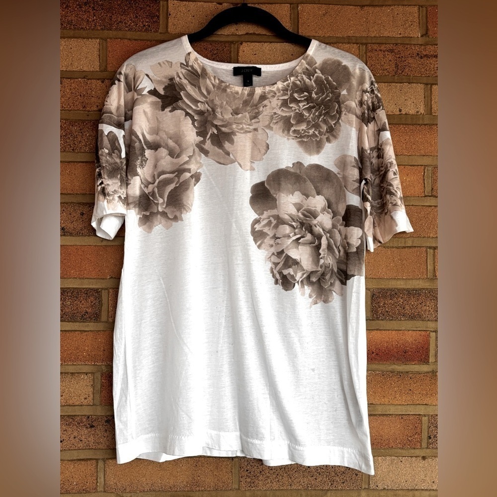 J Crew Women’s Floral Print White and Brown Tissue TShirt 100% Cotton Small